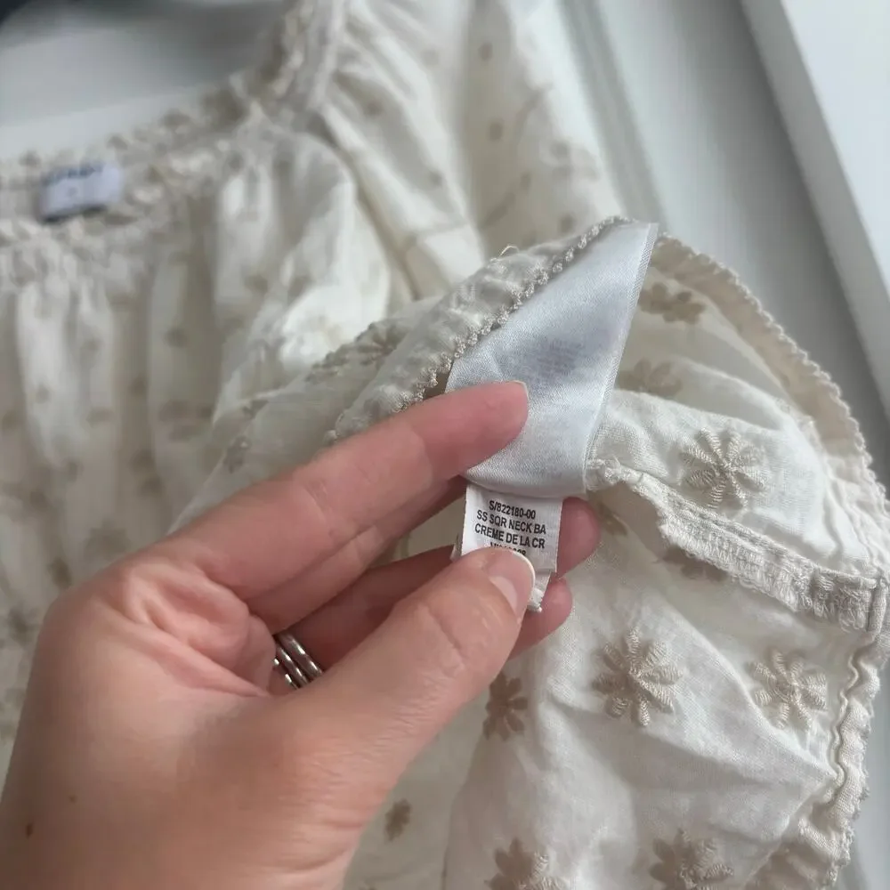 Old Navy Puff Sleeve‎ Smocked Prairie Cottage Milkmaid Embroidered Babydoll Top